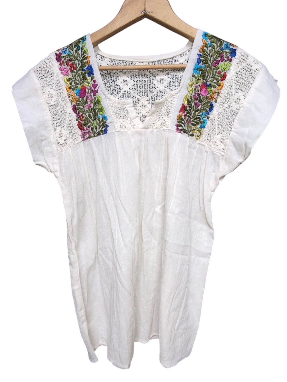 Boho Floral Embroidered Peasant Blouse Cream Cotton Gauze Tunic Women's SMALL